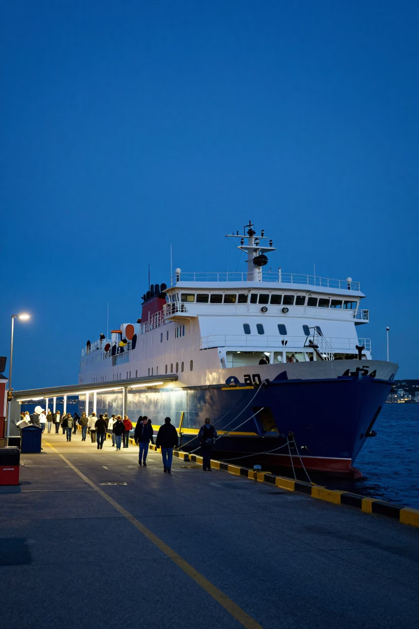 Halifax Ferry Terminal at Indigo Twilight Loading Passengers and Bicycles in Nova Scotia Canada in in Halifax, Nova Scotia, Canada