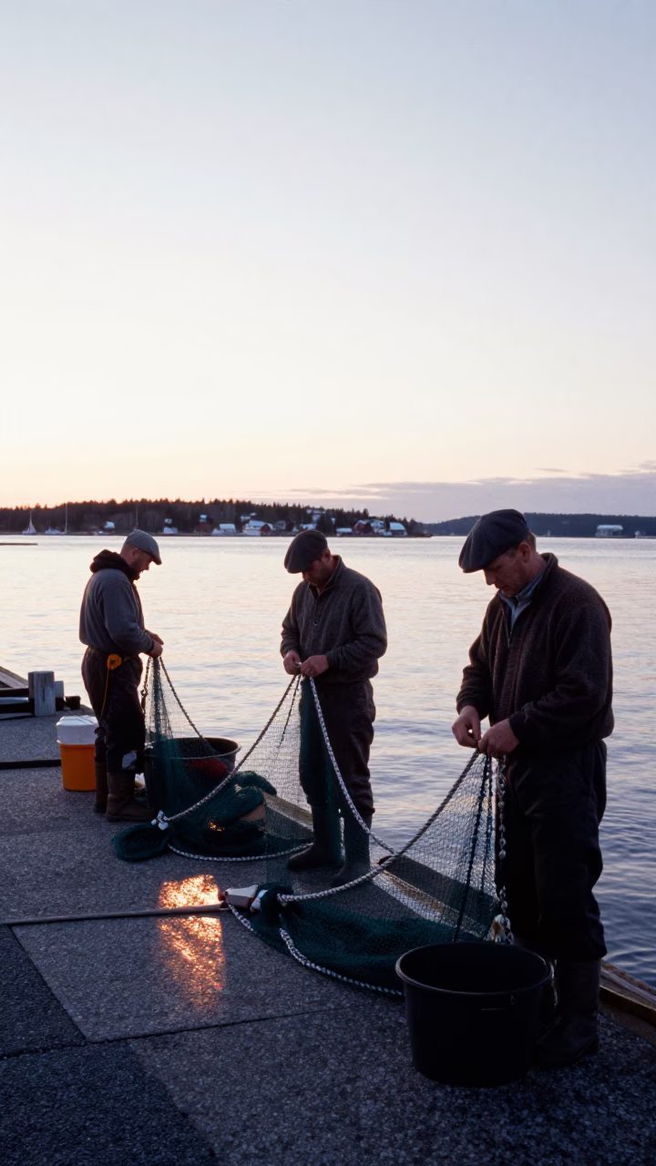 Halifax Fishermen Preparing Gear Before Sunrise in Nova Scotia Harbor in in Halifax, Nova Scotia, Canada