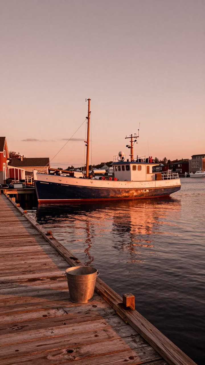 Halifax Harbor at Dusk with Junk Boat and Metal Bucket on Wharf in in Halifax, Nova Scotia, Canada