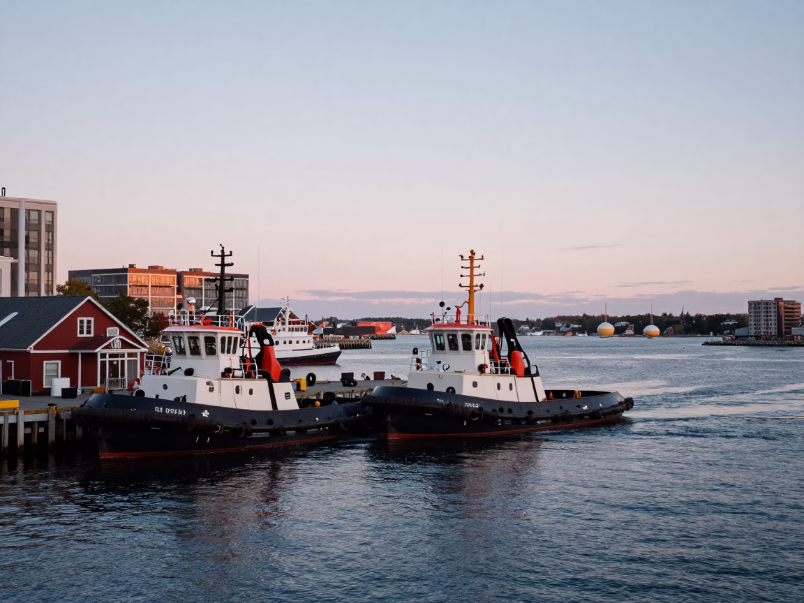 Halifax Harbor at Nautical Dawn with Tugboat Activity and Foggy Observatory Dome in in Halifax, Nova Scotia, Canada