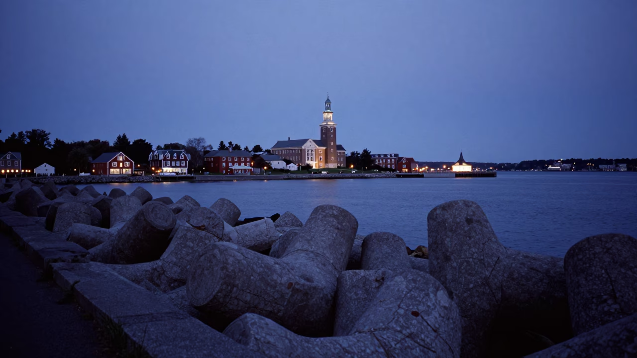 Halifax Harbor Breakwater at Dawn with University Cloister Stone Walls and Blue Hour Sky in in Halifax, Nova Scotia, Canada
