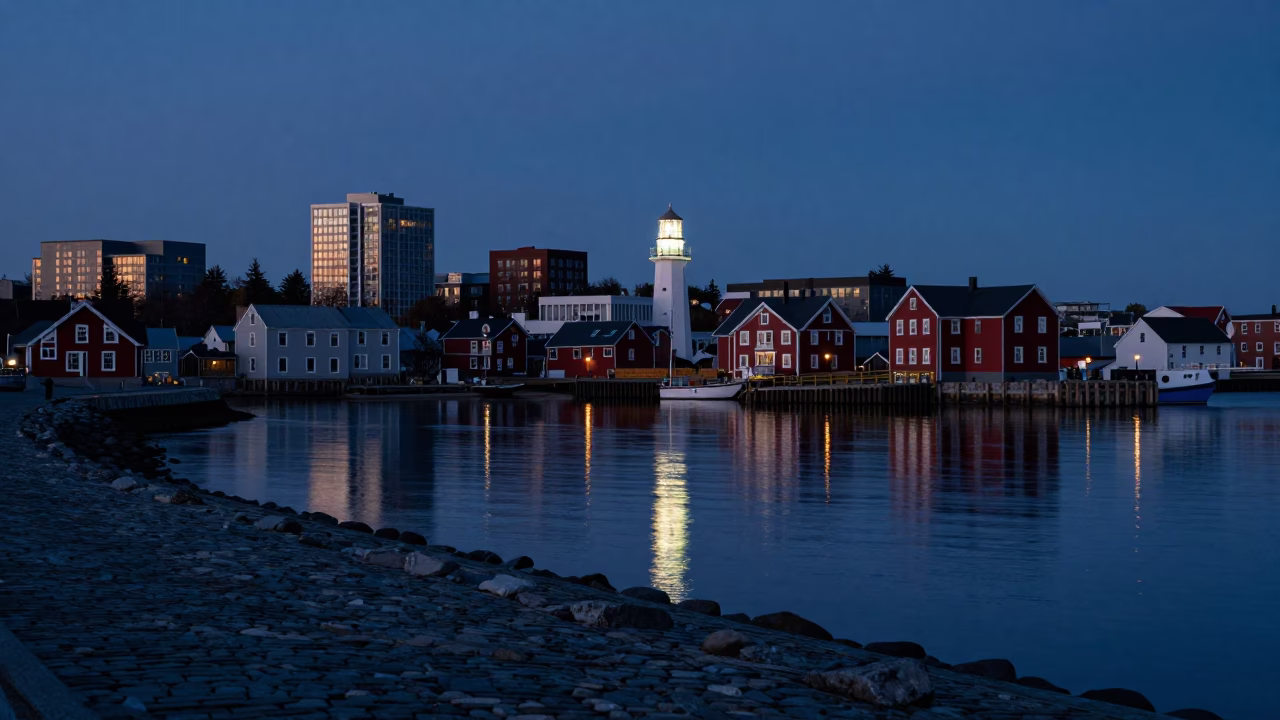 Halifax Harbor Dawn Light Reflecting on Historic Waterfront Cobblestones and Docked Fishing Vessels in in Halifax, Nova Scotia, Canada