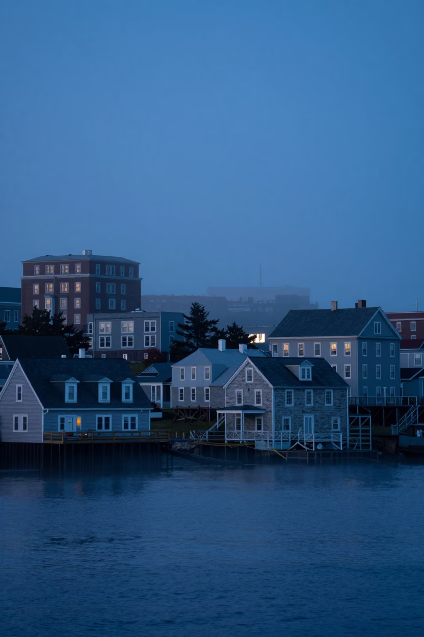 Halifax Harbor Dawn Mist and Historic Architecture in Pre-Dawn Light in in Halifax, Nova Scotia, Canada