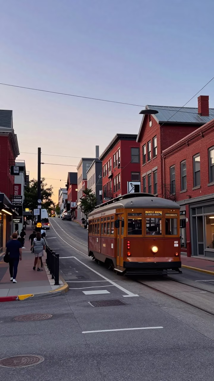 Halifax Harbor Dawn Street Scene with Trams and Historic Brick Architecture in in Halifax, Nova Scotia, Canada