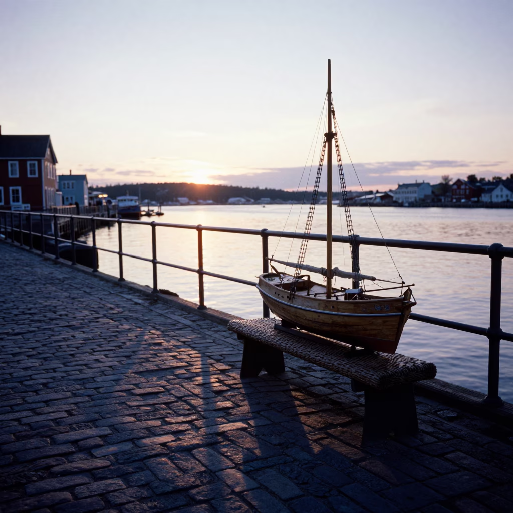 Halifax Harbor Dawn with Wicker Shadow and Model Ship in Vintage 1980s Photograph in in Halifax, Nova Scotia, Canada