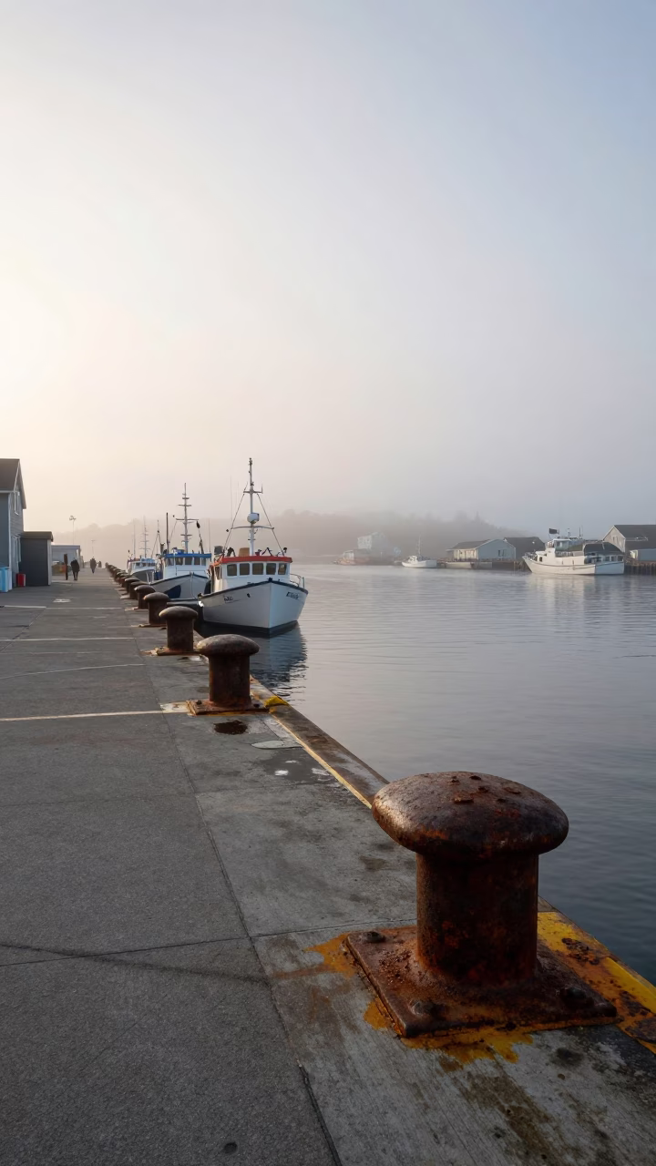 Halifax Harbor Early Morning Mist and Weathered Concrete Wharf in Nova Scotia in in Halifax, Nova Scotia, Canada