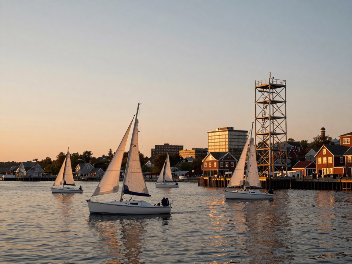 Halifax Harbor Evening Light Sailboats and Geometric Scaffold Against White Sky in in Halifax, Nova Scotia, Canada