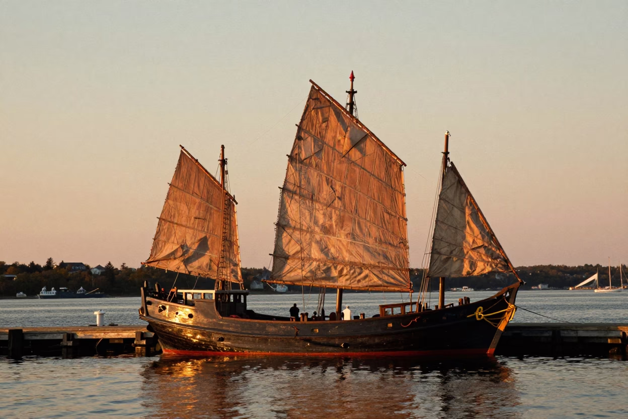 Halifax Harbor Evening Light with Chinese Junk Sails and Waterfront Activity in in Halifax, Nova Scotia, Canada