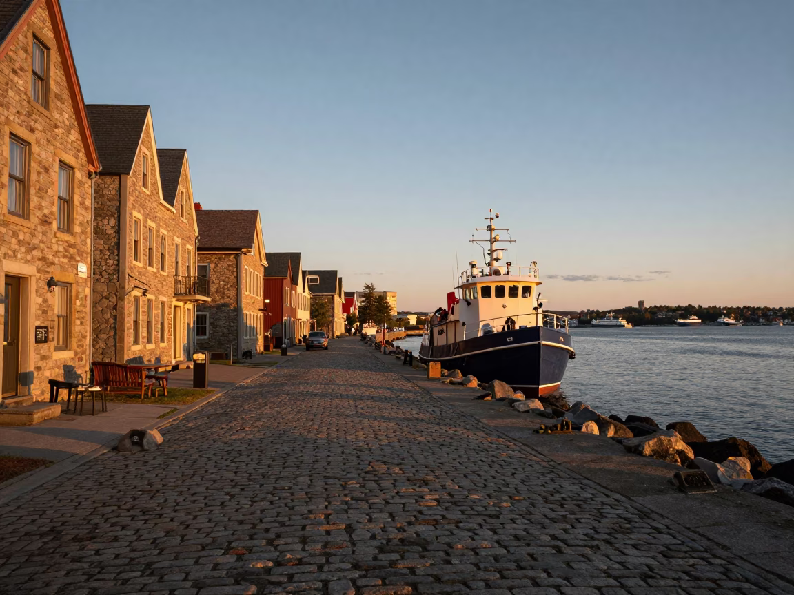 Halifax Harbor Evening Light with Pilot Boat and Iron Door Hardware Details in in Halifax, Nova Scotia, Canada