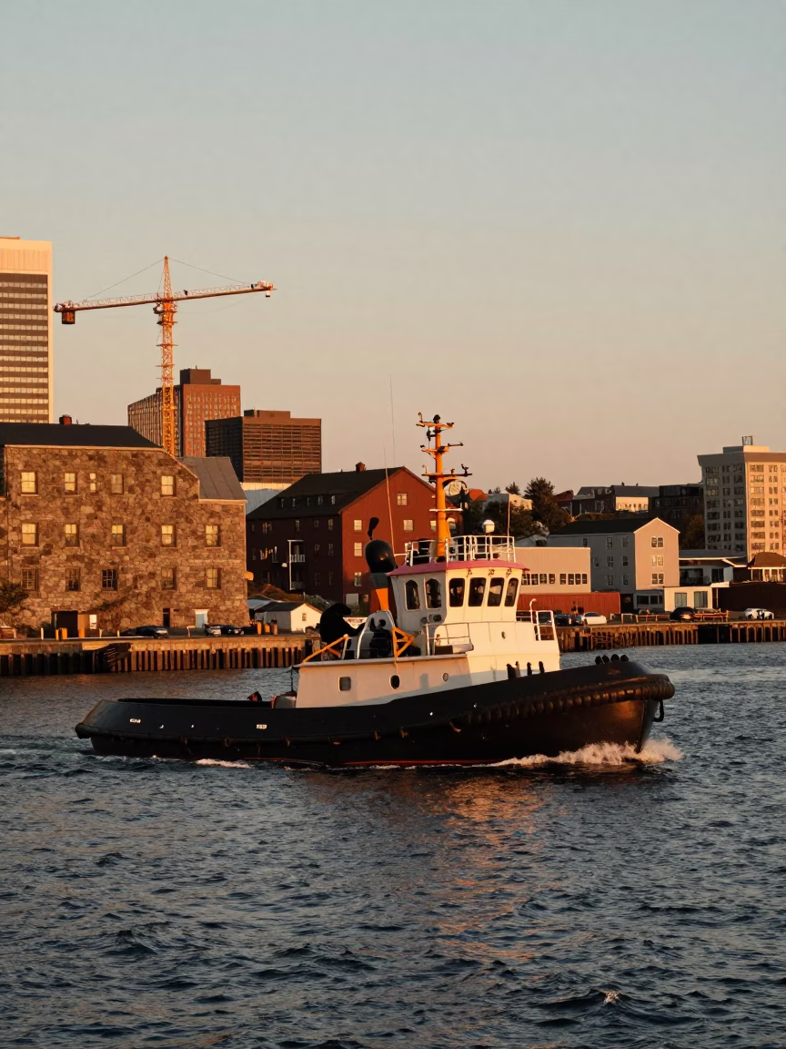 Halifax Harbor Evening Light with Tugboat and Urban Waterfront in in Halifax, Nova Scotia, Canada