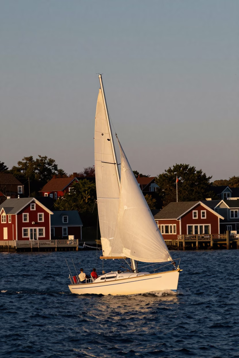 Halifax Harbor Evening Sailboat Heeling in Wind Near Historic Waterfront in in Halifax, Nova Scotia, Canada