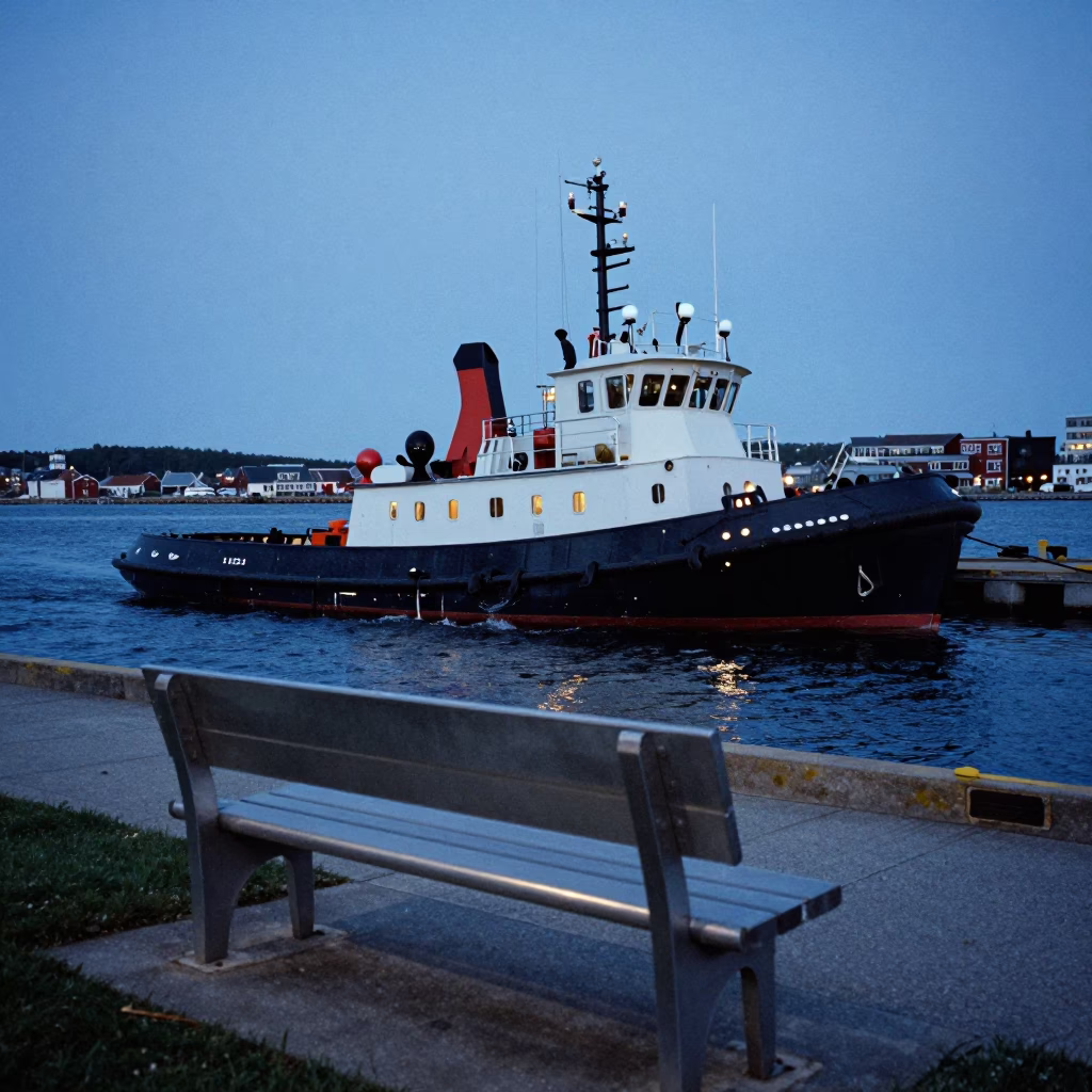 Halifax Harbor Evening Tugboat Docked Near Brushed Steel Bench in Nova Scotia in in Halifax, Nova Scotia, Canada