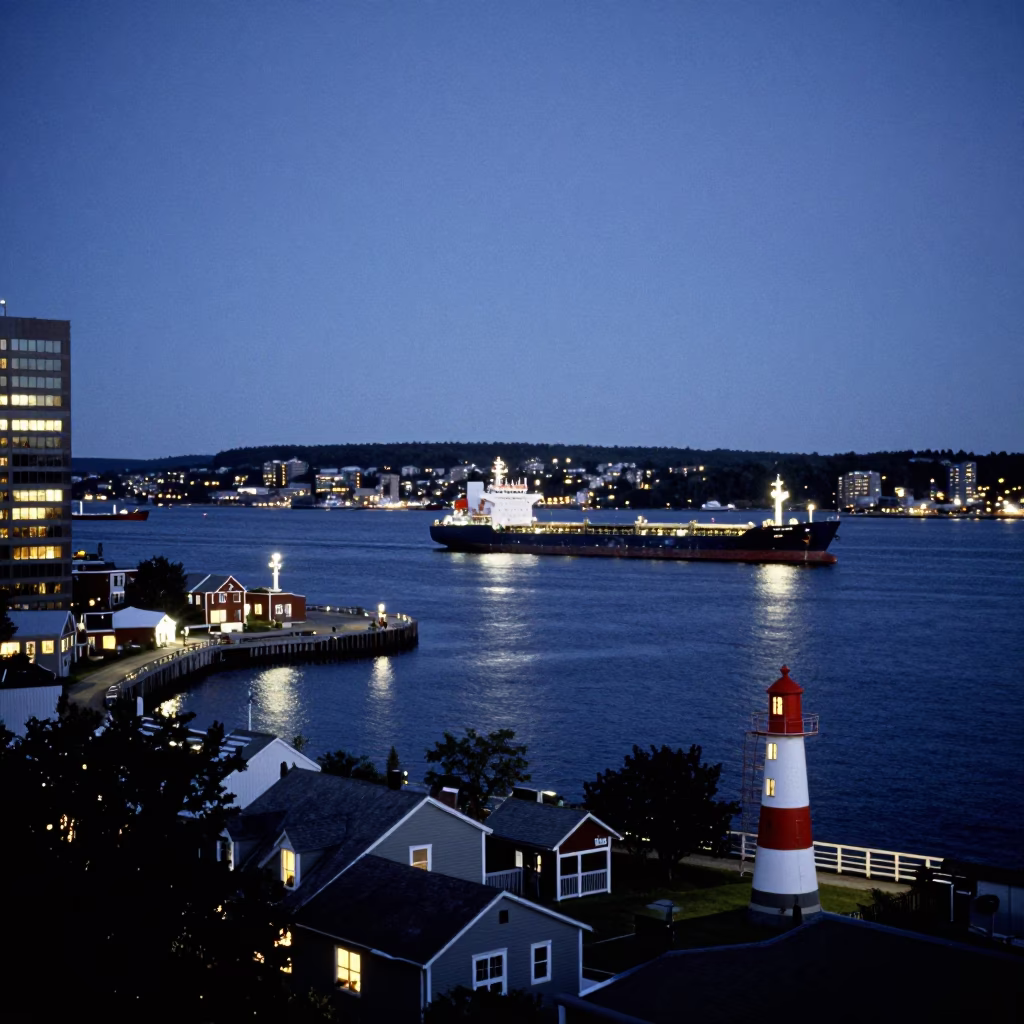 Halifax Harbor Evening View with Cargo Ship and Beacon Light in in Halifax, Nova Scotia, Canada
