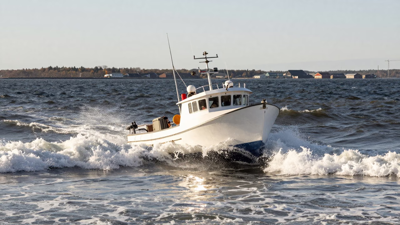 Halifax Harbor Fishing Boat Returning Through Crashing Surf in Late Afternoon Light in in Halifax, Nova Scotia, Canada