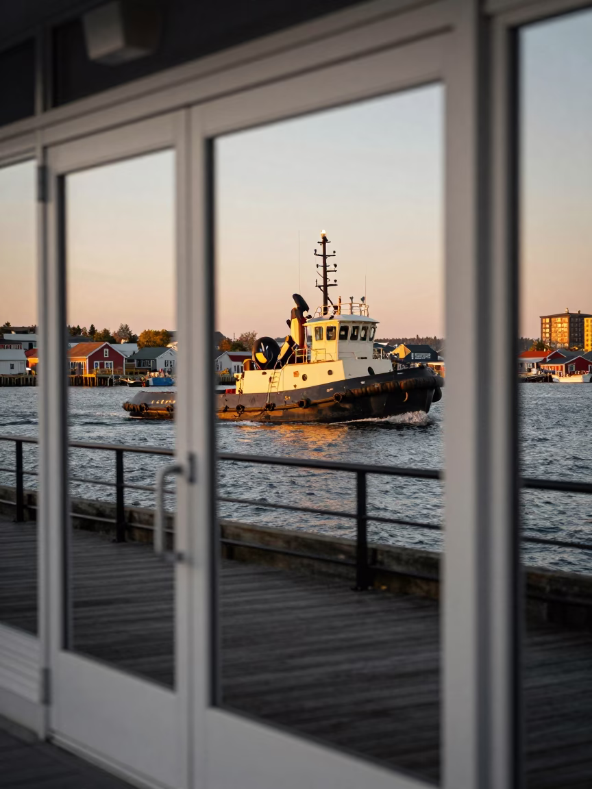 Halifax Harbor Golden Hour Tugboat and Clear Glass Doorframe Reflection in in Halifax, Nova Scotia, Canada