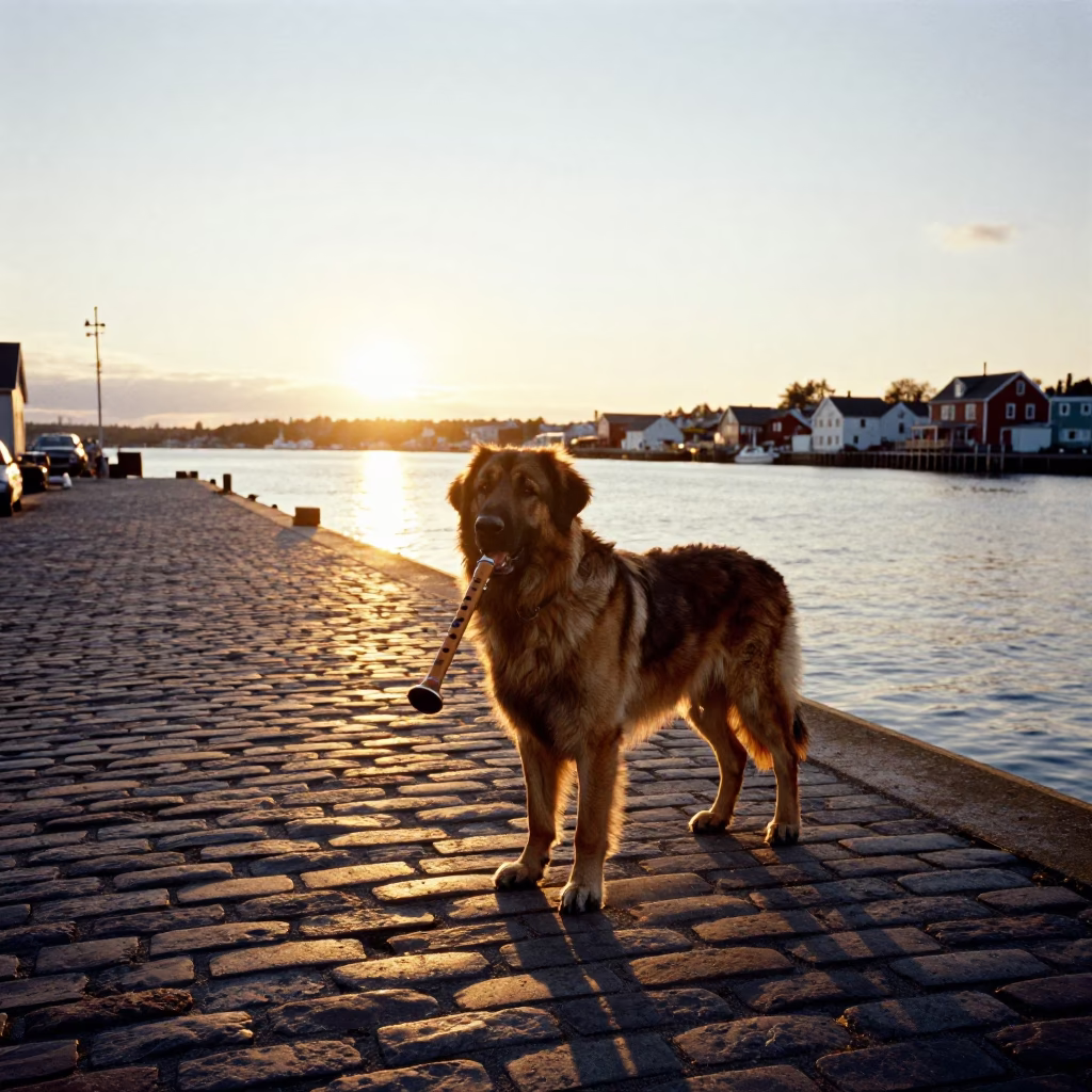 Halifax Harbor Golden Hour View with Leonberger and Wooden Flute in in Halifax, Nova Scotia, Canada