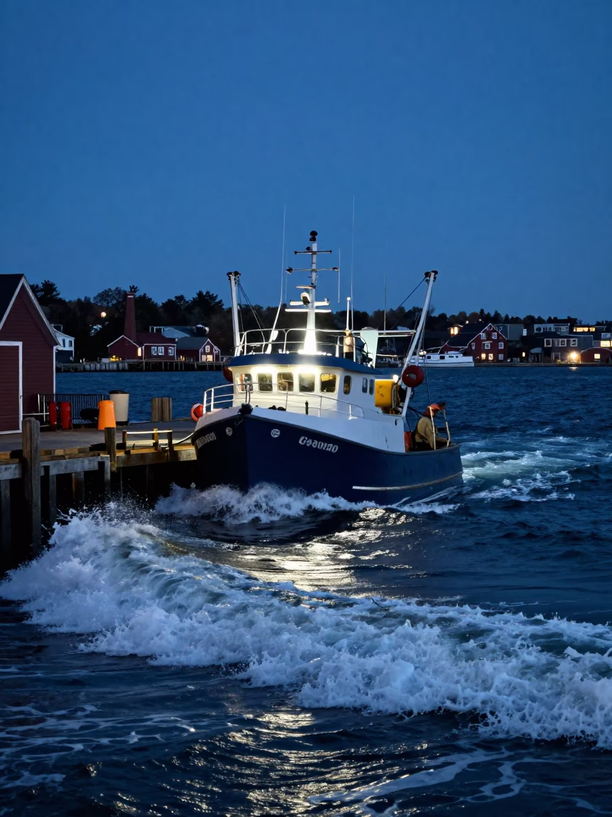 Halifax Harbor Midnight Scene with Fishing Boat and Oil Slick Reflections in in Halifax, Nova Scotia, Canada