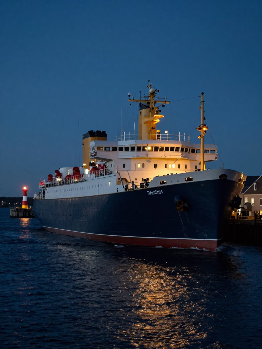 Halifax Harbor Midnight Steamship Listing in Swell Under Rotating Amber Beacons in in Halifax, Nova Scotia, Canada