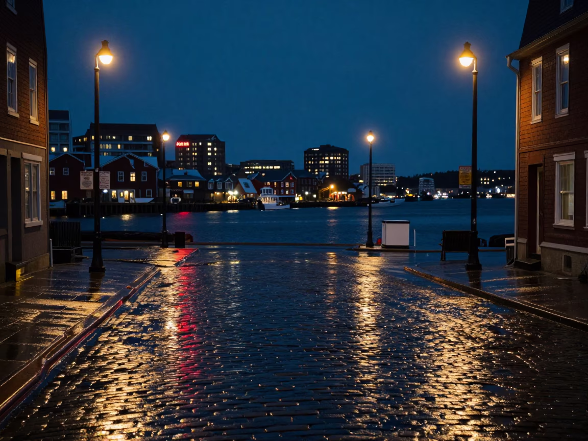 Halifax Harbor Midnight Street Scene with Neon Reflections and Urban Details in in Halifax, Nova Scotia, Canada