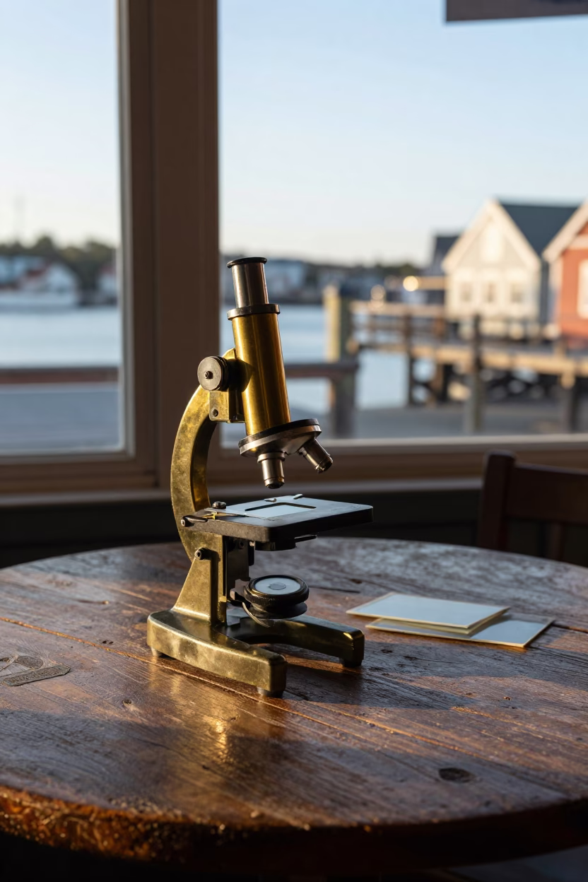 Halifax Harbor Morning Light and Vintage Brass Microscope on Wooden Table in in Halifax, Nova Scotia, Canada