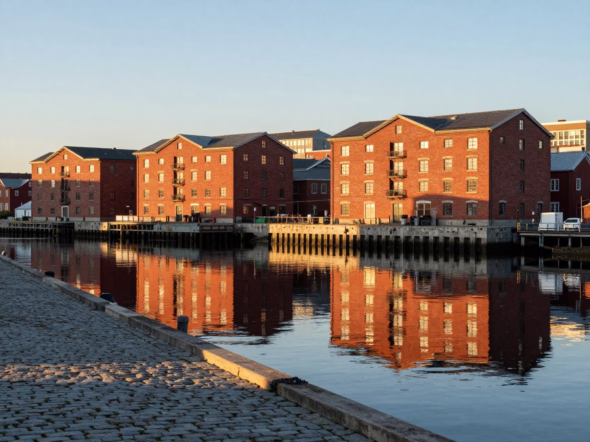 Halifax Harbor Morning Light Reflecting Off Red Brick Buildings and Historic Waterfront in in Halifax, Nova Scotia, Canada