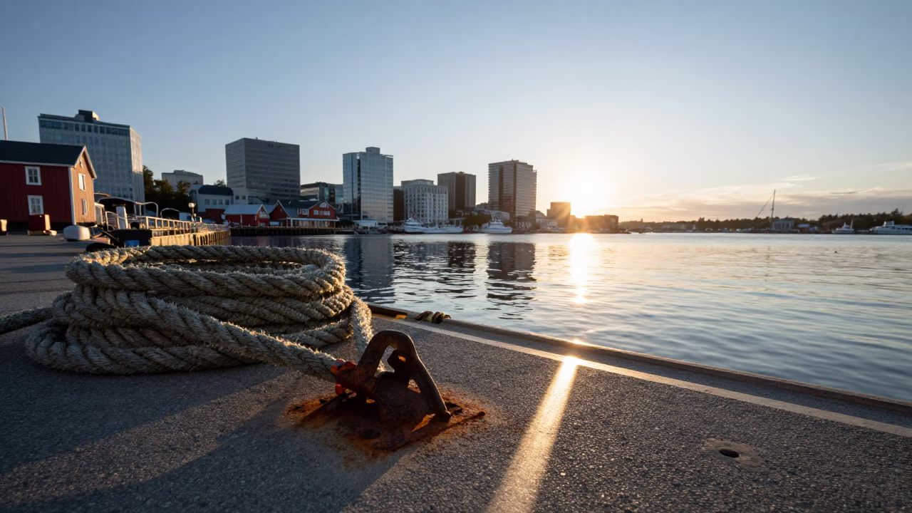 Halifax Harbor Morning Light Reflecting on Coiled Dock Ropes and Fishing Vessels in in Halifax, Nova Scotia, Canada