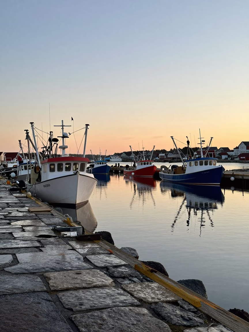 Halifax Harbor Morning Light Reflecting on Docked Fishing Boats and Cobblestone Wharf in in Halifax, Nova Scotia, Canada