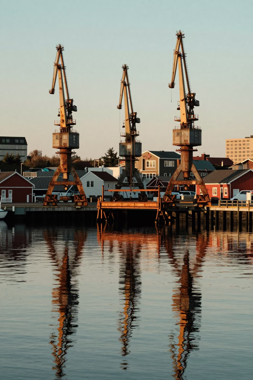 Halifax Harbor Morning Light Reflecting on Vintage Dockside Cranes and Blue Water in in Halifax, Nova Scotia, Canada