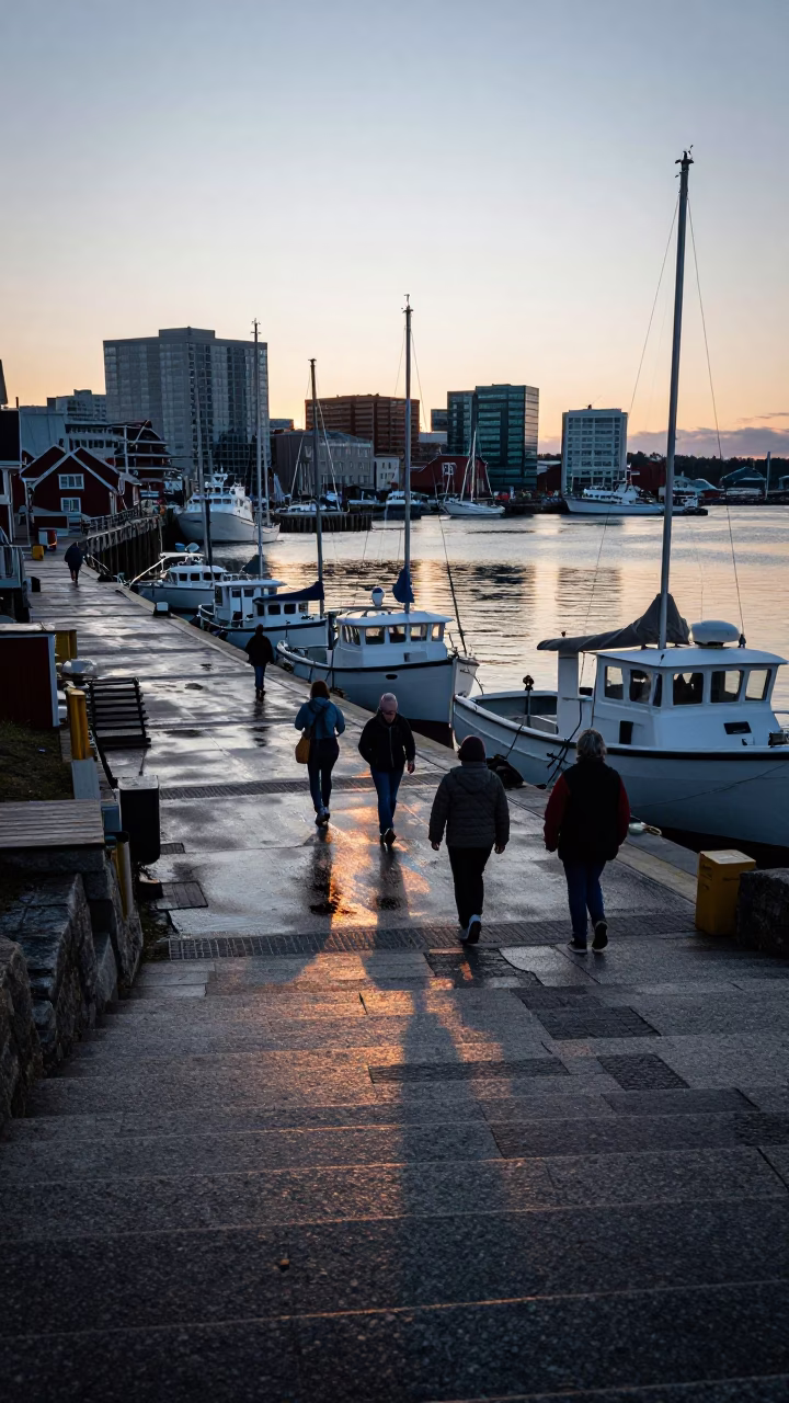 Halifax Harbor Morning Light Reflects Off Vintage Boats and Waterfront Stairs in in Halifax, Nova Scotia, Canada