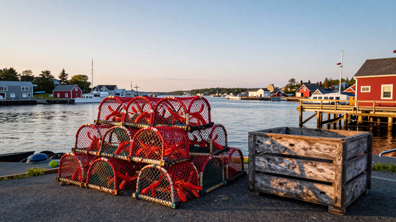 Halifax Harbor Morning Light with Red Lobster Pots and Fishing Gear in in Halifax, Nova Scotia, Canada