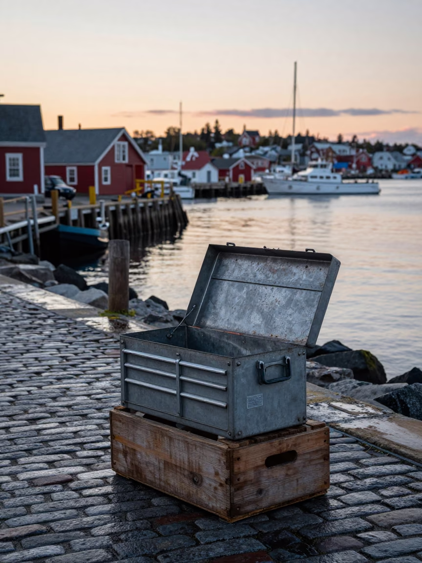 Halifax Harbor Nautical Dawn Street Photography with Tool Caddy and Local Maritime Life in in Halifax, Nova Scotia, Canada
