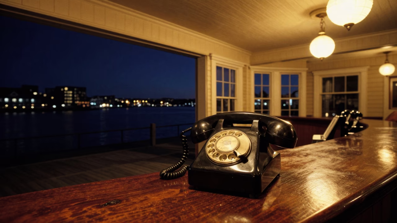Halifax Harbor Night Scene Vintage Bakelite Phone on Reception Desk in in Halifax, Nova Scotia, Canada
