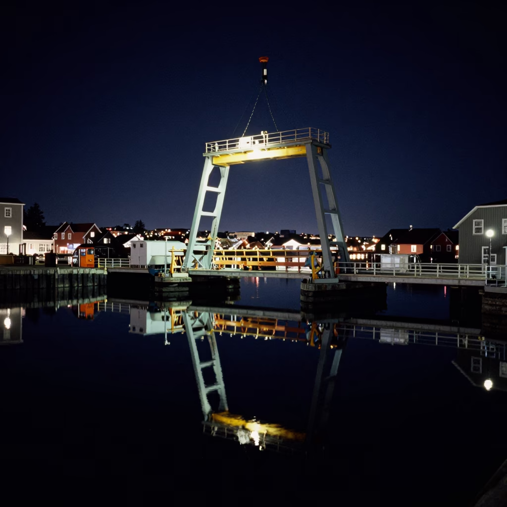 Halifax Harbor Night Scene with Bridge Maintenance Cradle and Still Water Reflections in in Halifax, Nova Scotia, Canada