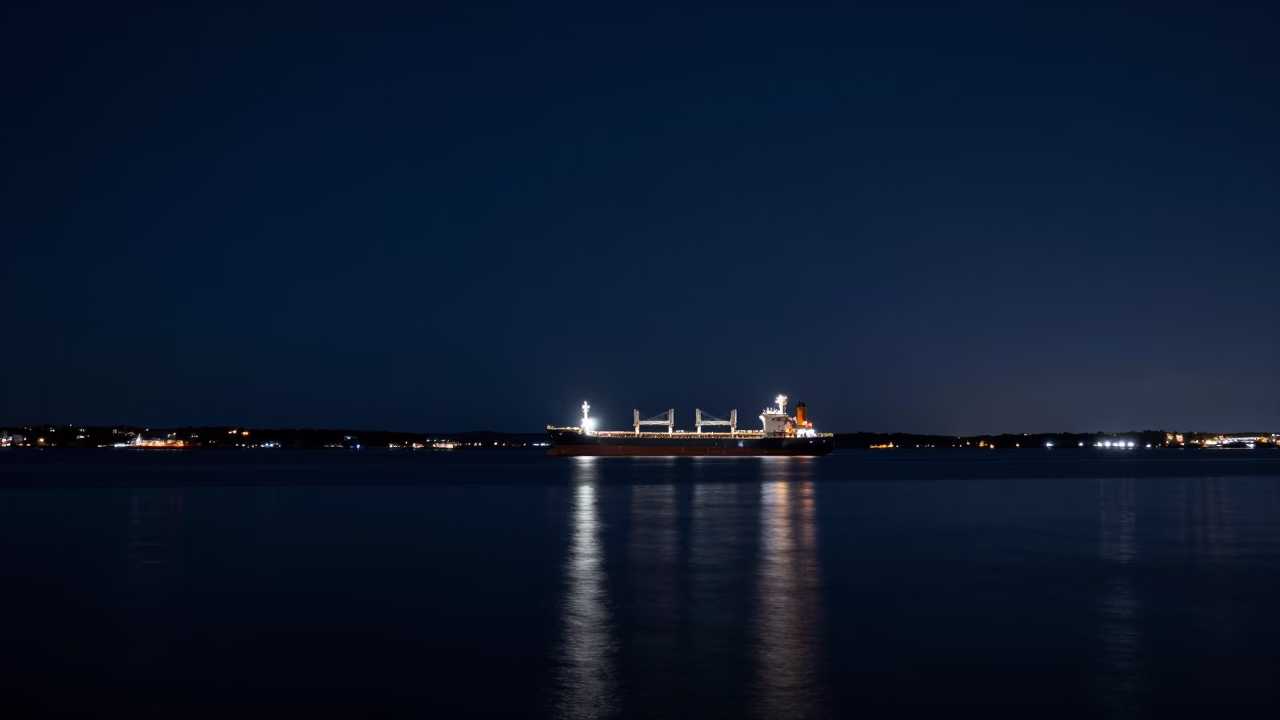 Halifax Harbor Night Scene With Cargo Ship Horizon And Urban Waterfront Lights in in Halifax, Nova Scotia, Canada