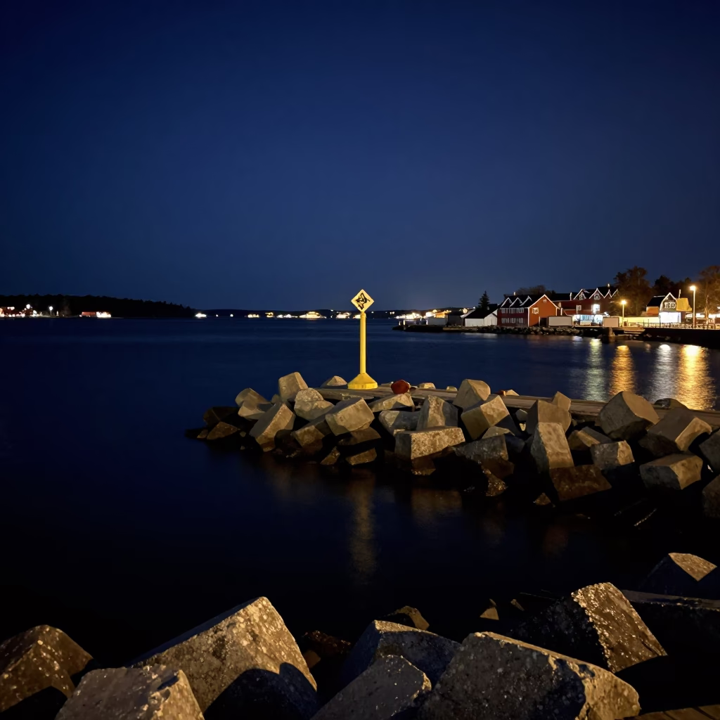 Halifax Harbor Night Scene with Coastal Breakwater and Warning Beacons in in Halifax, Nova Scotia, Canada