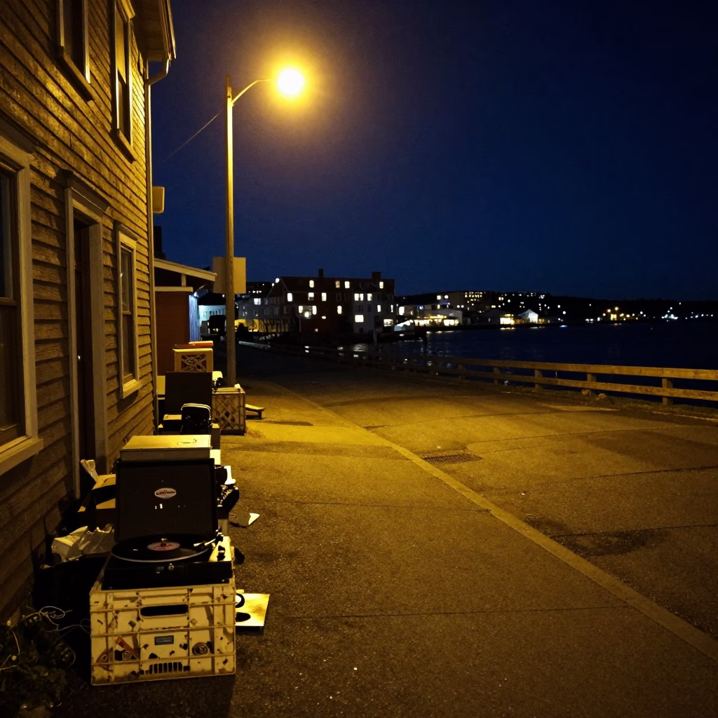 Halifax Harbor Night Scene with Crate and Record Player in in Halifax, Nova Scotia, Canada