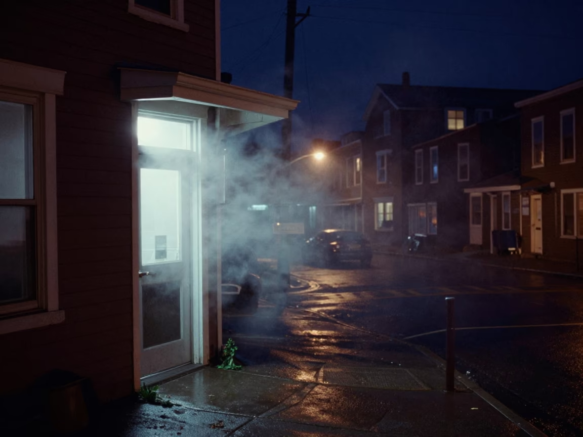 Halifax Harbor Night Steam Haze Above Doorframe and Glass Jar Reflections in in Halifax, Nova Scotia, Canada