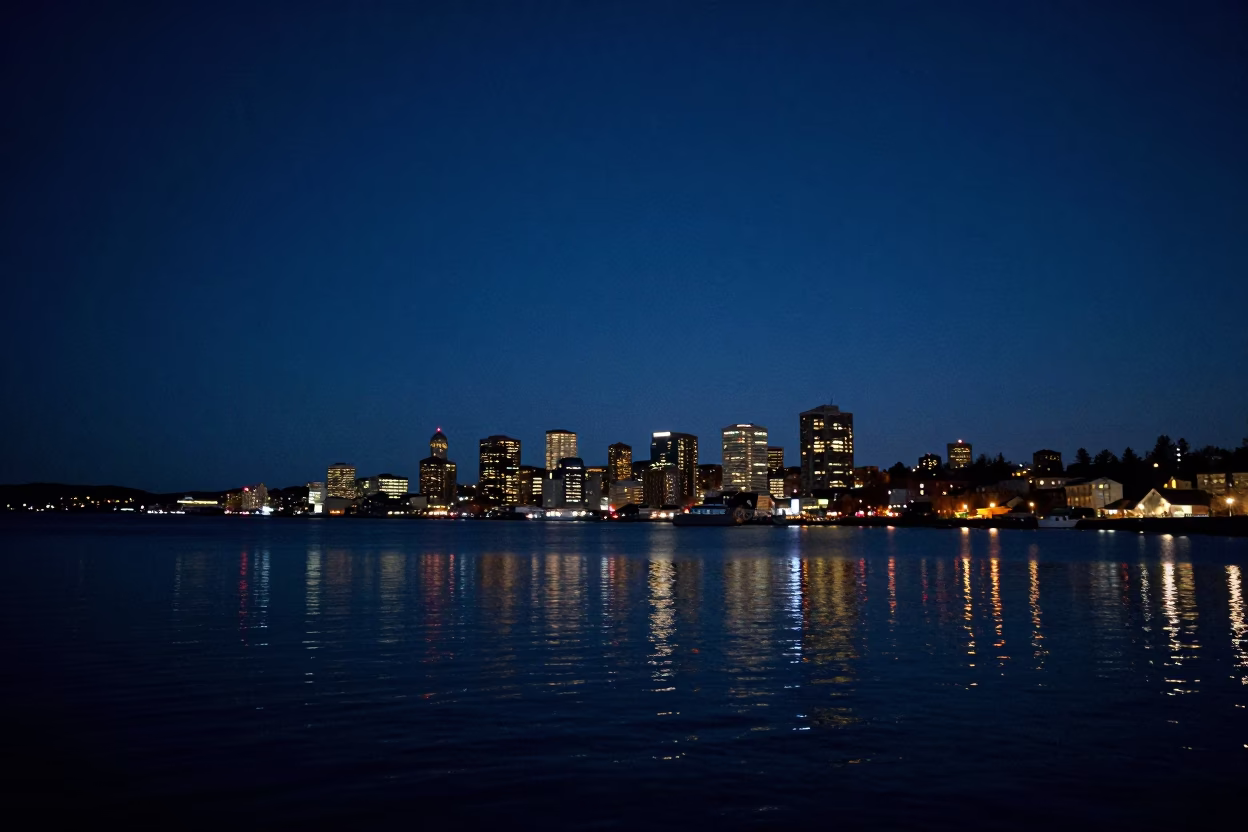 Halifax Harbor Night View with Distant Lights and Water Reflections in in Halifax, Nova Scotia, Canada