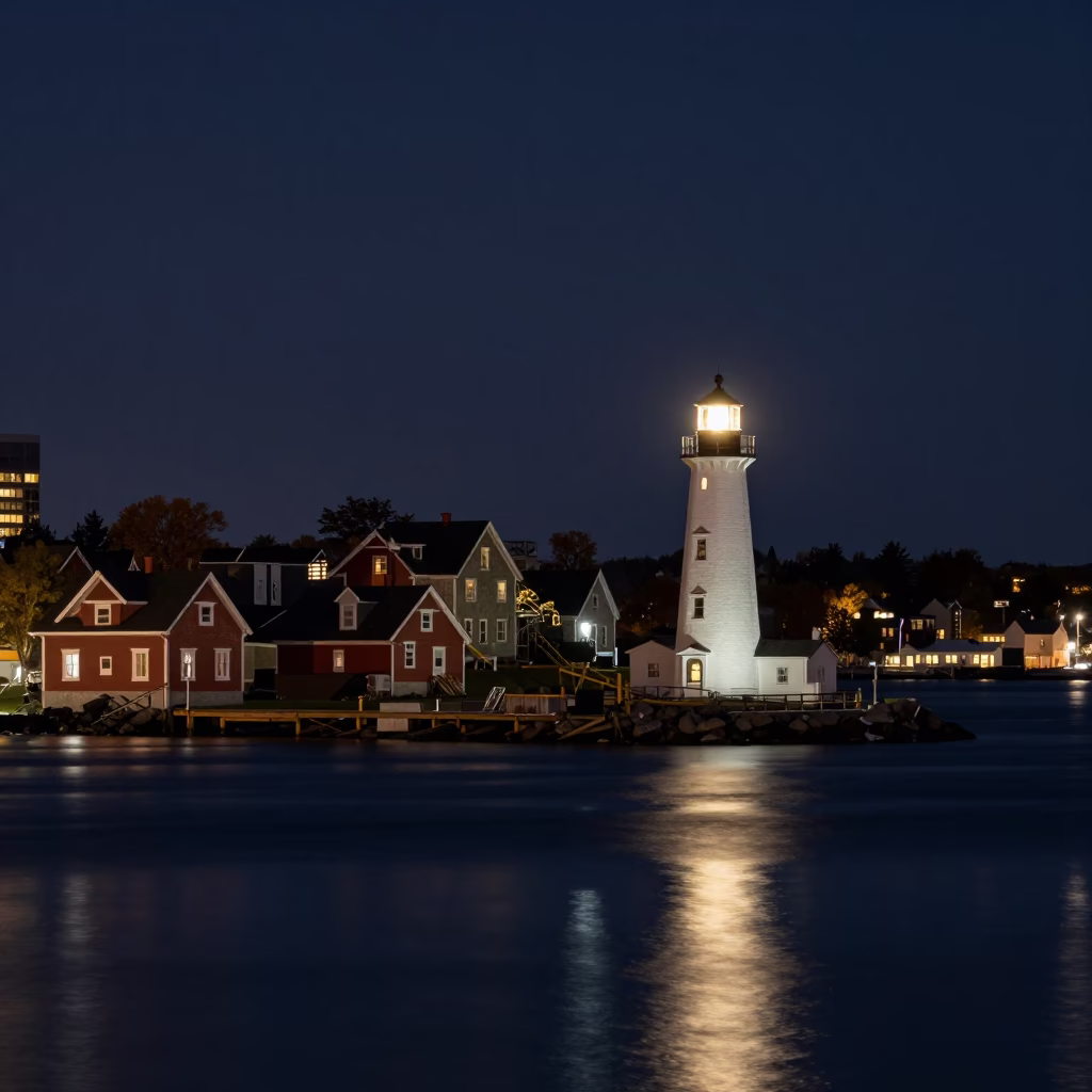 Halifax Harbor Night View with Glowing Lighthouse and Historic Architecture in in Halifax, Nova Scotia, Canada