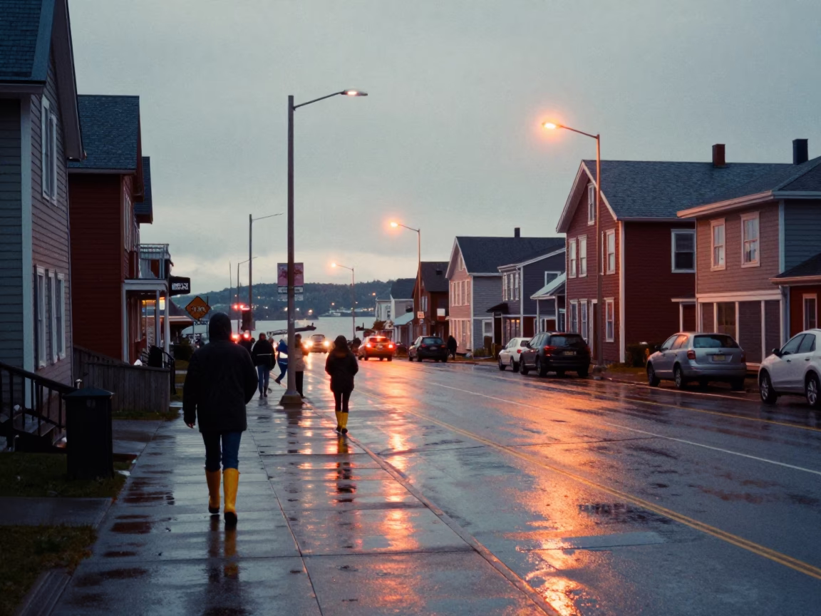 Halifax Harbor Pre-Dawn Street Scene with Rain Boots and Industrial Elements in in Halifax, Nova Scotia, Canada