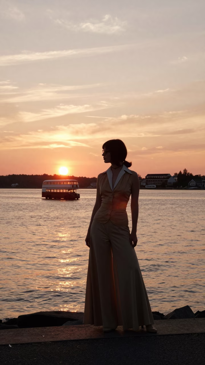 Halifax Harbor Sunset 1970s High Fashion Portrait with Vintage Bus and Waterfront in in Halifax, Nova Scotia, Canada