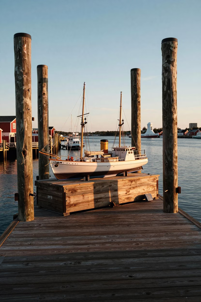 Halifax Harbor Sunset Model Ship Displayed on Wooden Dock Amidst Coastal Maritime Atmosphere in in Halifax, Nova Scotia, Canada