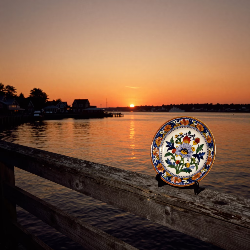 Halifax Harbor Sunset View with Vintage Majolica Plate and Linen Fringe Detail in in Halifax, Nova Scotia, Canada