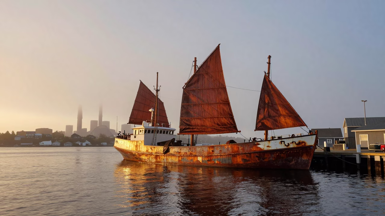 Halifax Harbor Sunset with Rusty Junk Boat Anchored in Foggy Industrial Waterfront in in Halifax, Nova Scotia, Canada