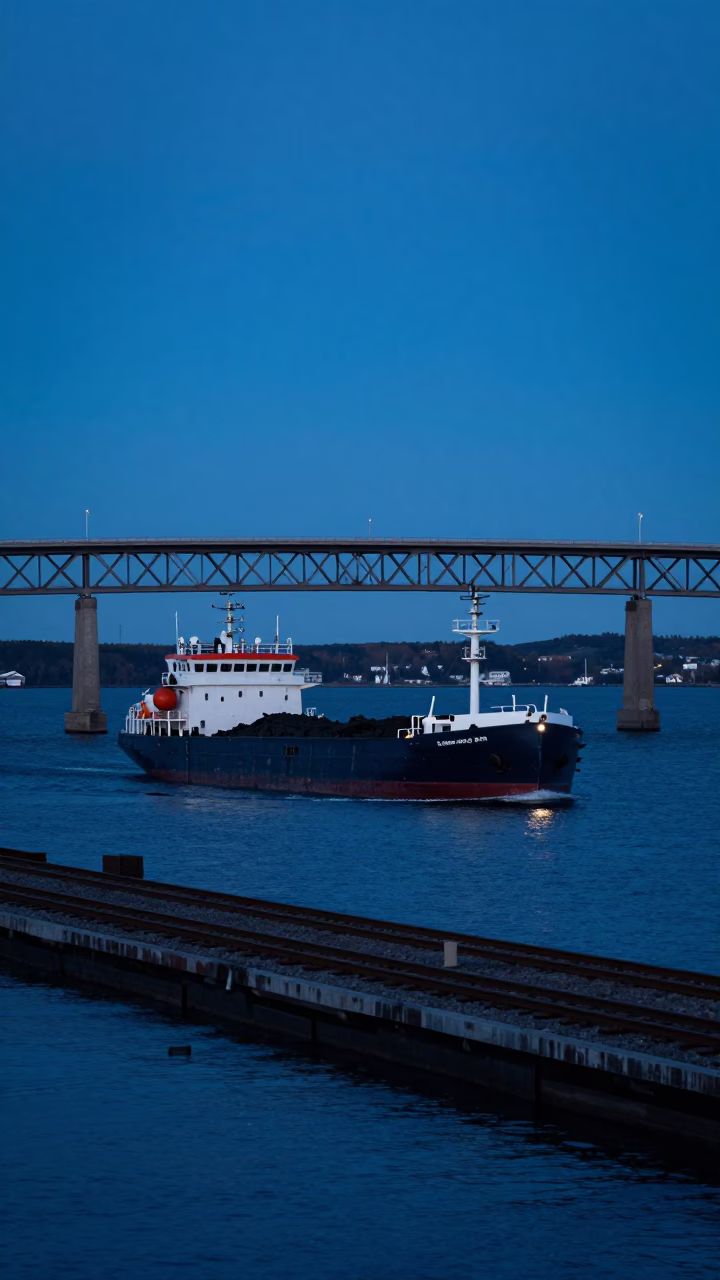 Halifax Harbor Twilight Scene with Coal Barge and Railroad Bridge in in Halifax, Nova Scotia, Canada