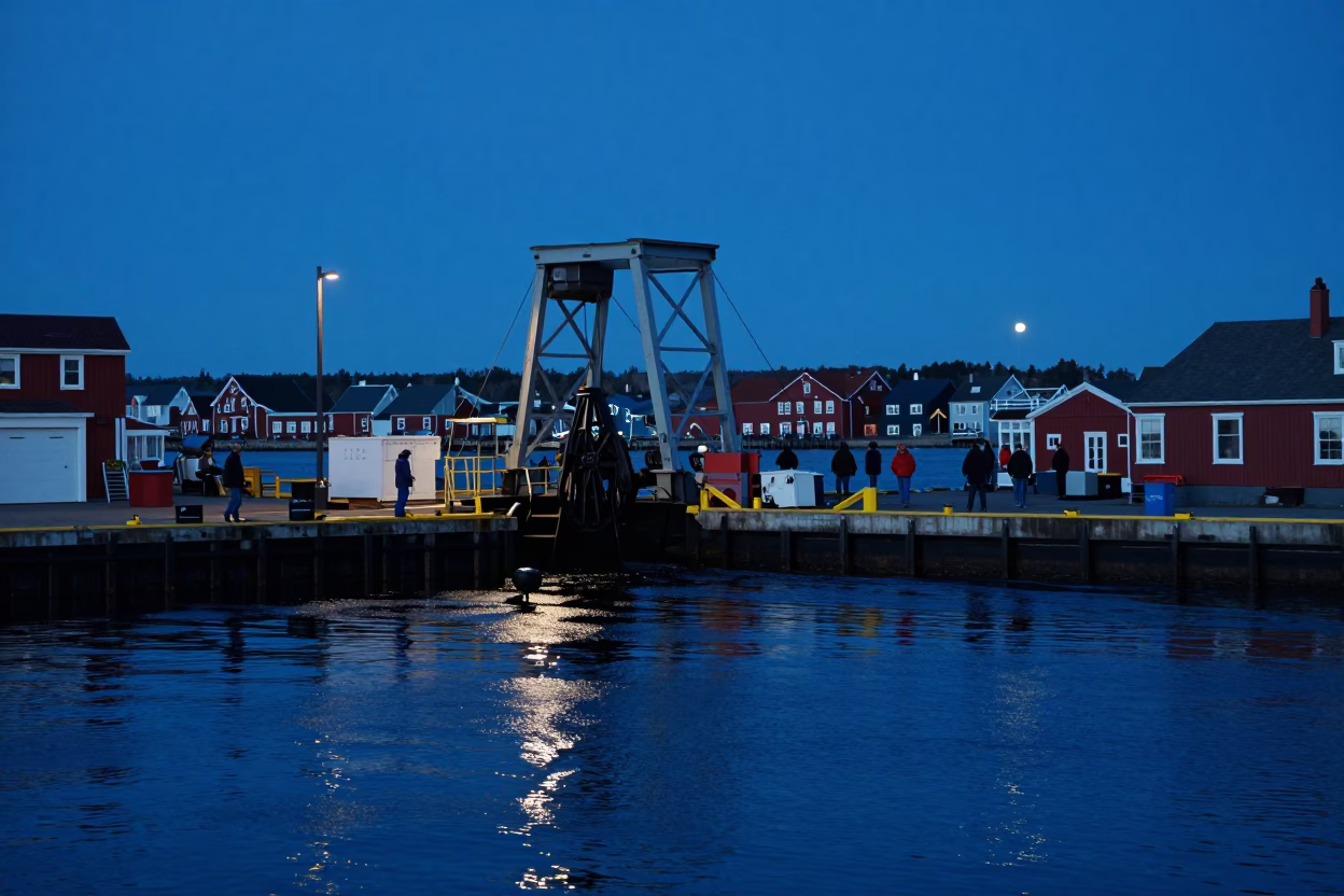 Halifax Harbor Twilight Scene with Drawbridge Counterweight and Oil-Slick Reflections in in Halifax, Nova Scotia, Canada