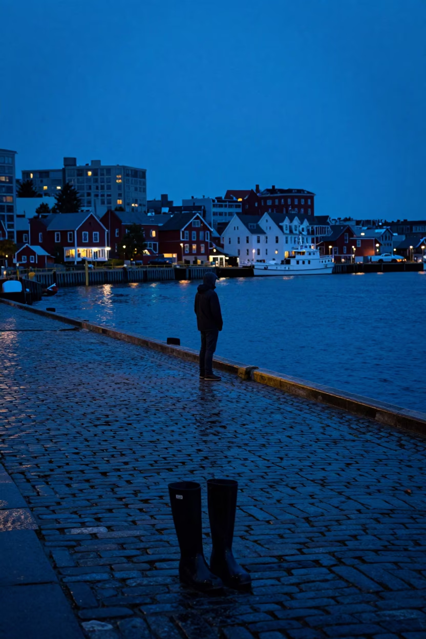 Halifax Harbor Twilight Scene with Rain Boots and Cobblestone Street in in Halifax, Nova Scotia, Canada