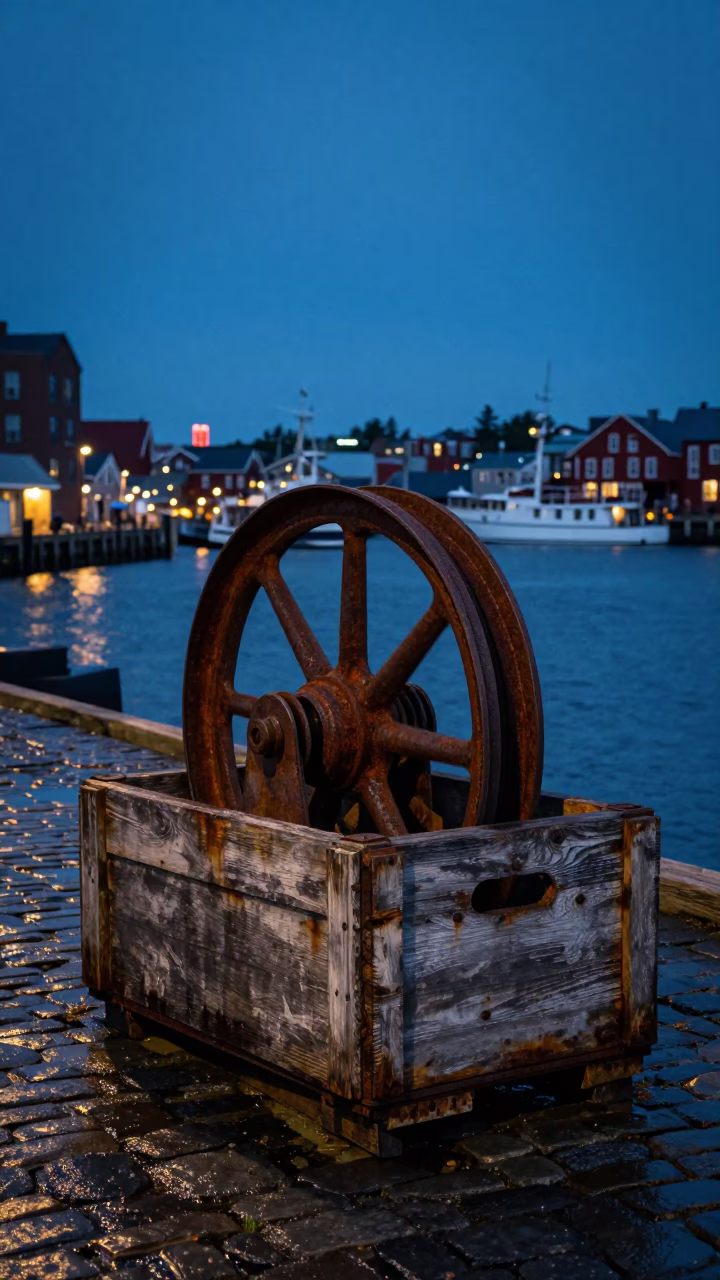 Halifax Harbor Twilight Scene with Rusty Pulley and Maritime Equipment in in Halifax, Nova Scotia, Canada