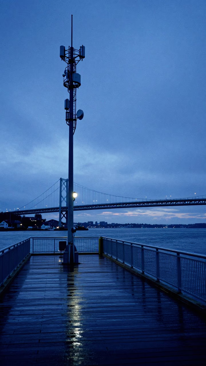 Halifax Harbor Twilight Suspension Bridge and Telecommunication Mast on Rocky Summit in in Halifax, Nova Scotia, Canada