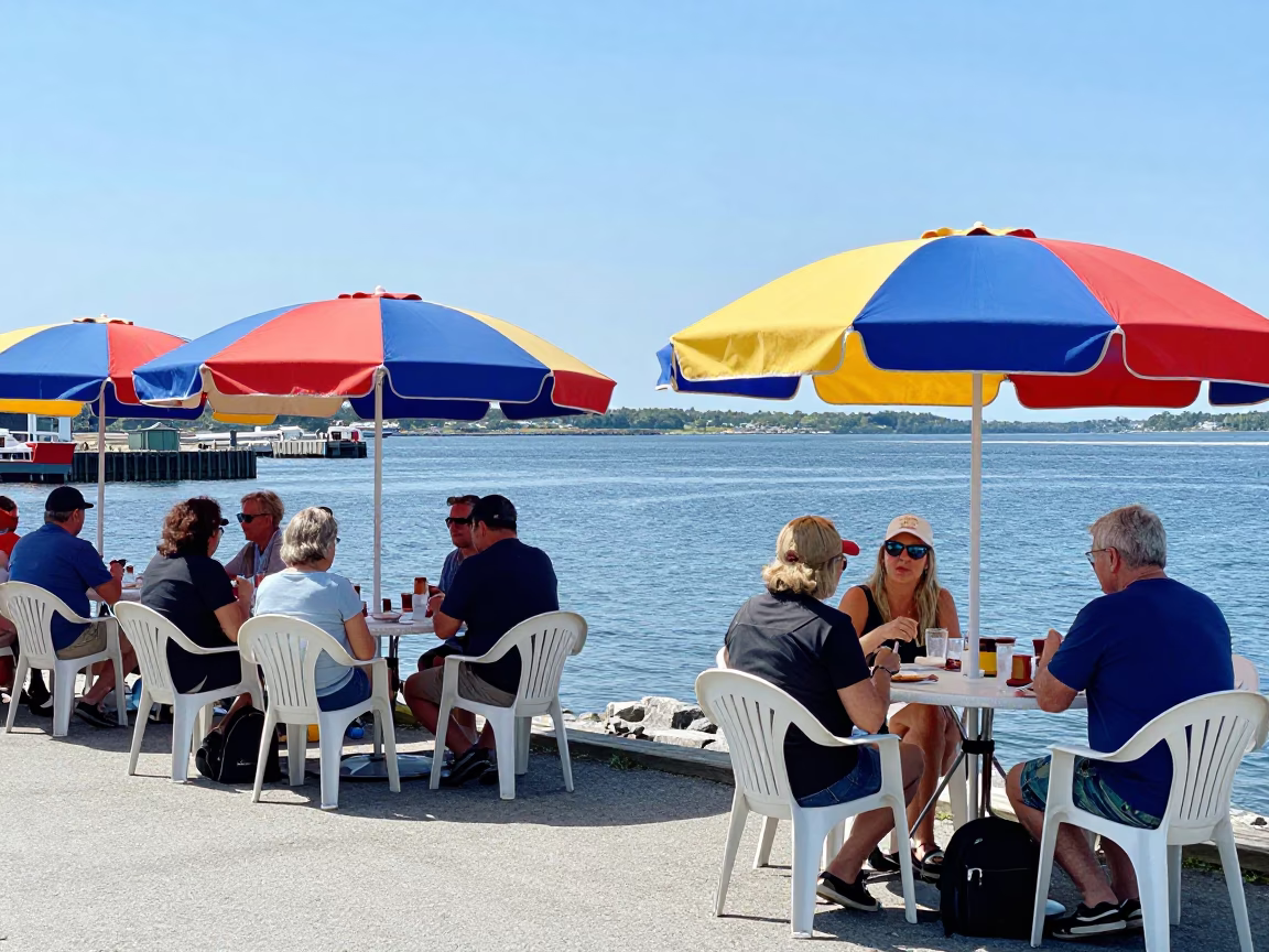 Halifax Harbor Waterfront Lunch Break with Umbrellas and Glass Tumblers in in Halifax, Nova Scotia, Canada